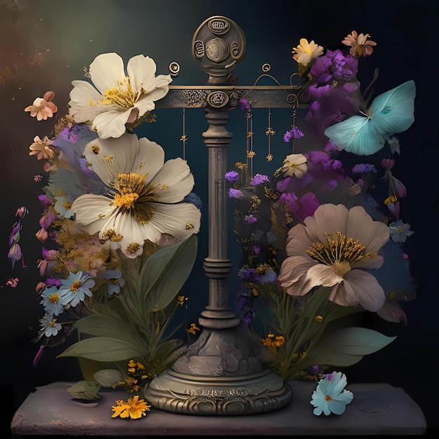 vintage scales in composition with flowers art illustration AI generative