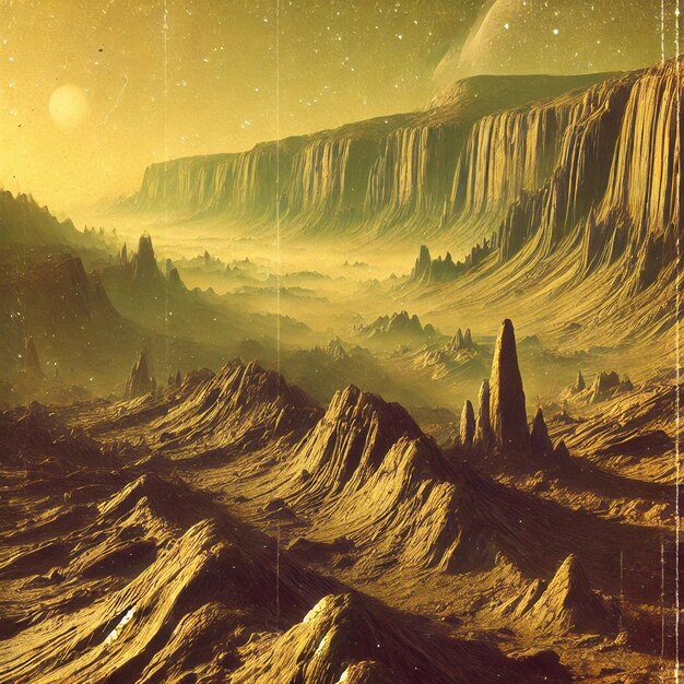 Photo vintage scifi illustration of venus harsh volcanic peaks and acideroded cliffs in a yellowish cloudy