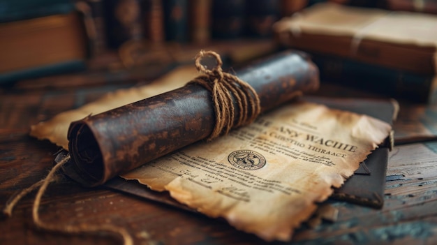 Vintage scroll tied with rope and old documents on a wooden desk evoking a sense of history and antiquity