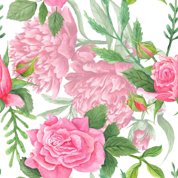 Vintage Seamless handpainted texture with pink flowers on white background