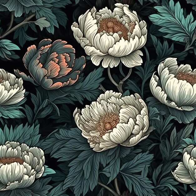 Vintage seamless pattern Blooming peonies with leaves on black background Generative AI