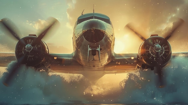 A vintage seaplane with powerful engines creates a splash on takeoff captured against the stunning