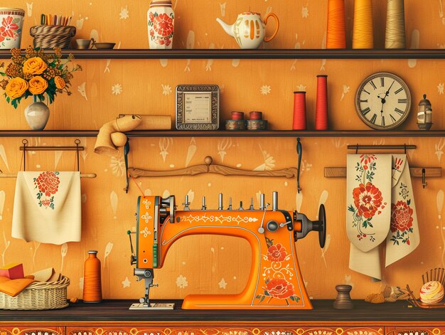 Photo vintage sewing machine in a craft roomvector illustrations