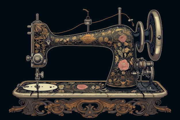 A vintage sewing machine with a floral design on the front.