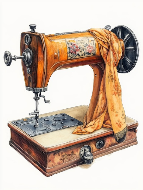 Photo vintage sewing machine with floral fabric