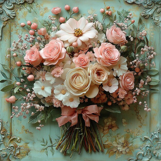 Photo vintage shabby chic floral bouquet with pink blush and bows junk journal background page vintage