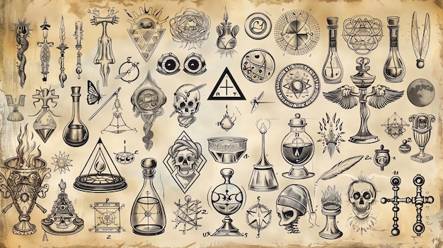 Photo a vintage sheet of alchemy tattoo flash with mystical symbols and tools