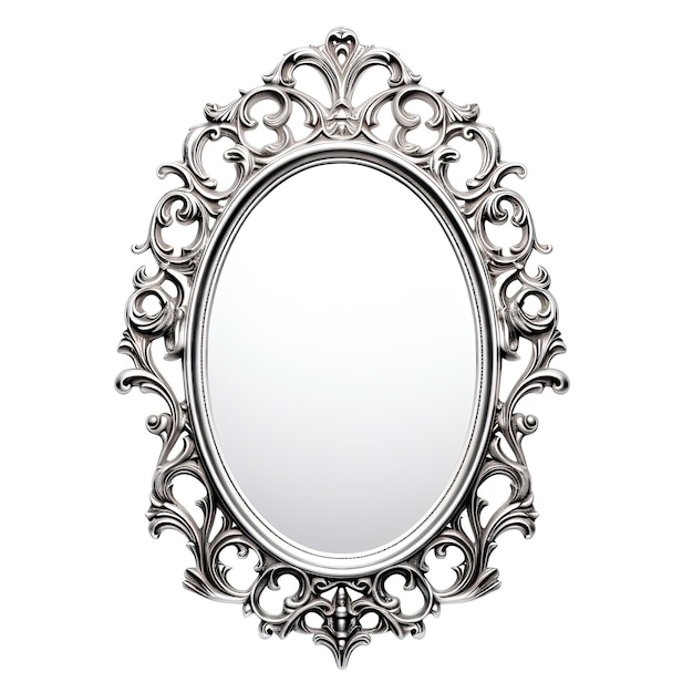 Vintage Silver Mirror with Ornate Frame for Wall Decor or Antique Object Isolated on White