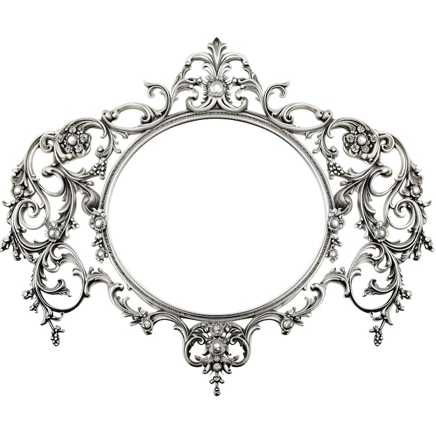 Vintage Silver Mirror with Ornate Frame for Wall Decor Antique Object in Old Style