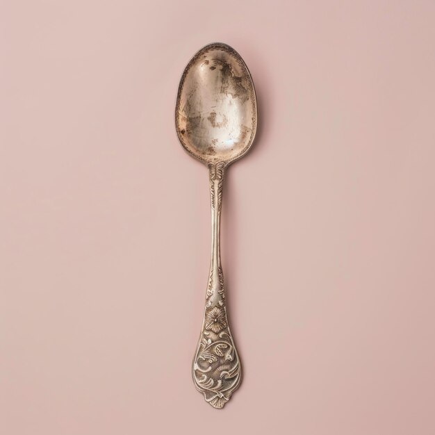 Photo vintage silver spoon with ornate handle on a pink background