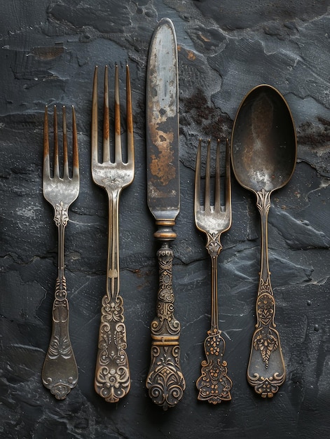 Vintage Silverware on Black Slate