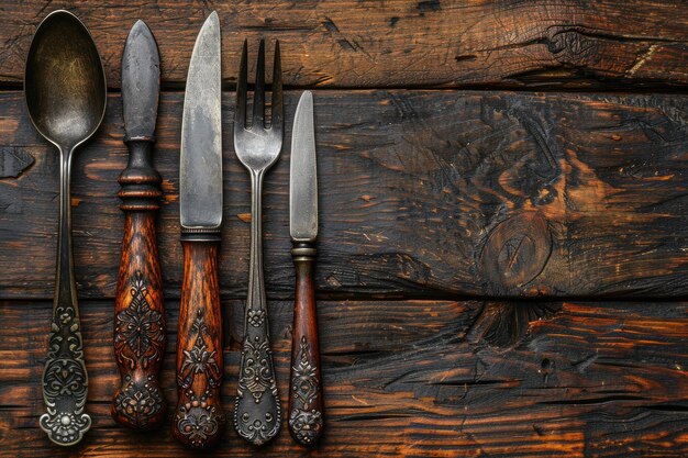 Photo vintage silverware set on dark wooden background