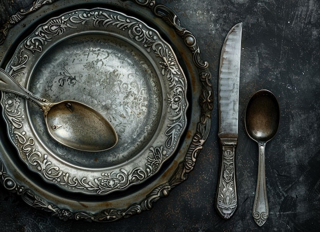 Photo vintage silverware set on a textured dark background with ornate details highlighting its elegance