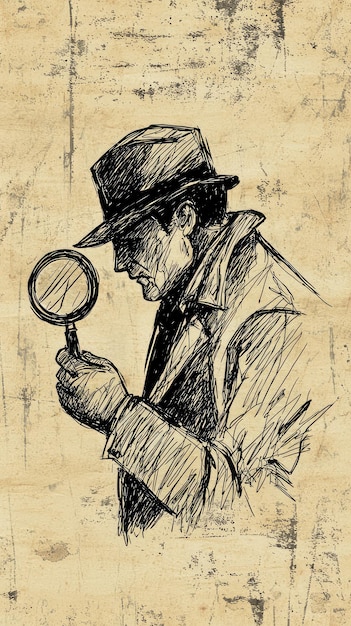 Photo a vintage sketch of a detective his face obscured by shadow meticulously examining a clue through a magnifying glass