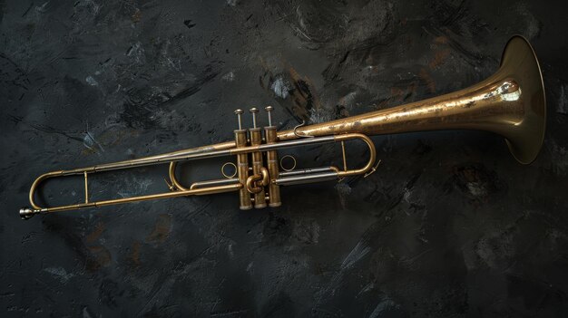 Photo a vintage slide trombone with its shiny slide and brass body set against a dark textured background