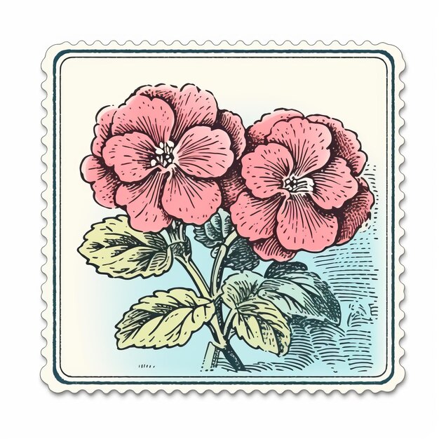 Photo vintage stamp with pink flowers midcentury american romanticism illustration