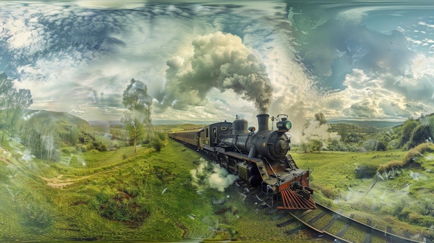 Vintage Steam Locomotive in a Picturesque Landscape A vintage steam locomotive traverses a picture