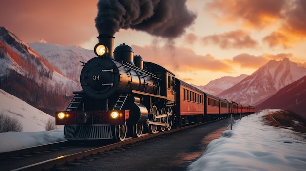 Vintage steam locomotive pulling train through stunning winter landscape with sunlight streaming