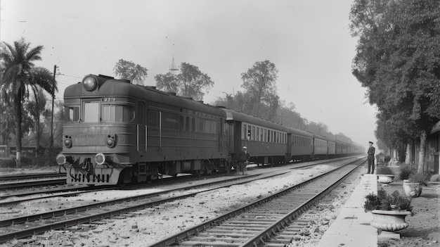 Photo vintage steam locomotive on rails retro photo of an old steam locomotive on the street