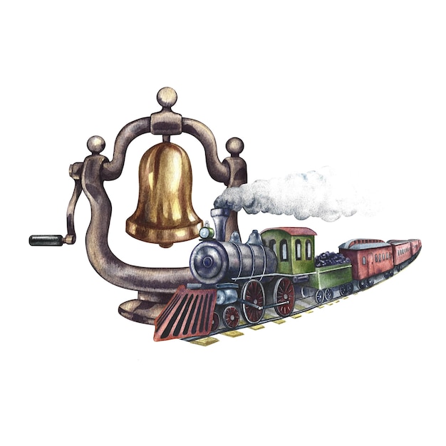 Photo vintage steam locomotive and steam locomotive bell handmade watercolor illustration