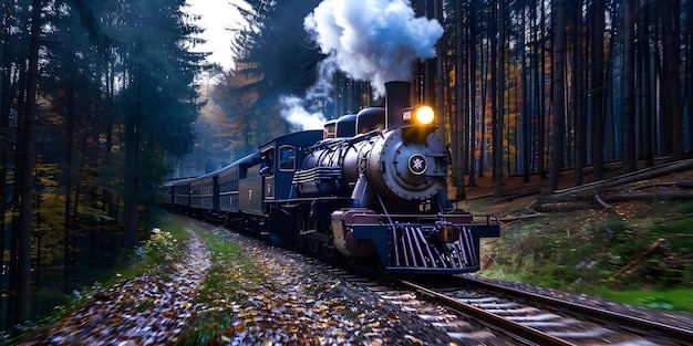 Vintage steam locomotive traveling through dense forest with smoke billowing from stack Concept Train Travel Nature Photography Vintage Locomotive Smoke Stacks Atmospheric Scene