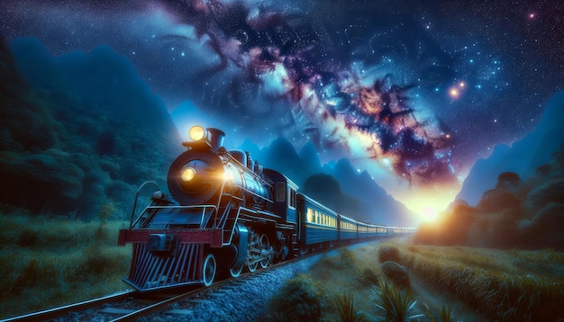 A vintage steam locomotive traverses a mountain valley under a vibrant starfilled night sky