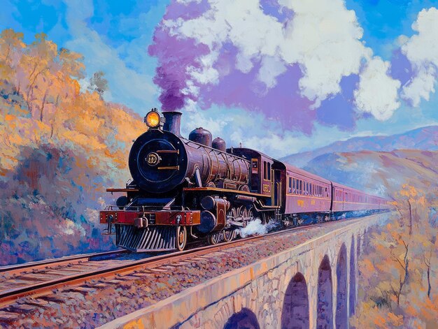 A vintage steam train crossing a scenic bridge in a colorful landscape