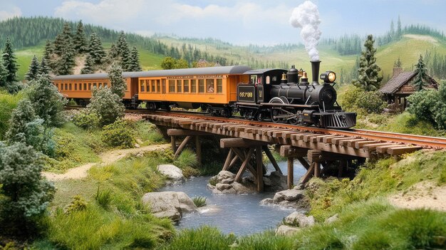 Photo vintage steam train crossing a wooden bridge in a scenic forest