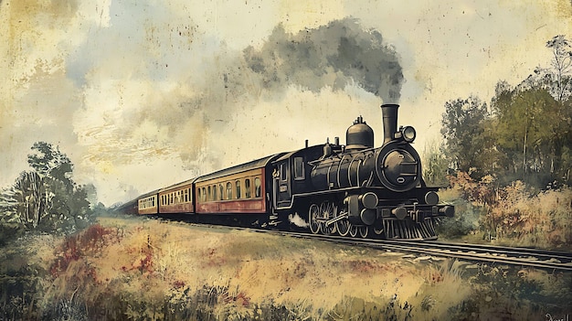 Photo a vintage steam train rolls through the countryside with a weathered look as if its an old photograph