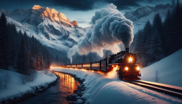 Photo vintage steam train in snowy mountain landscape at dusk