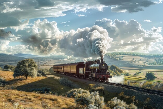 Photo vintage steam train traveling across picturesque landscape with rolling hills