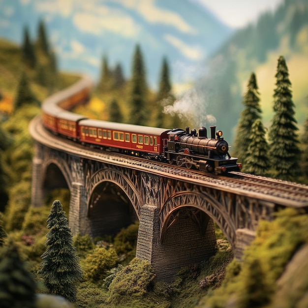 A vintage steam train travels over a curved bridge surrounded by trees and hills