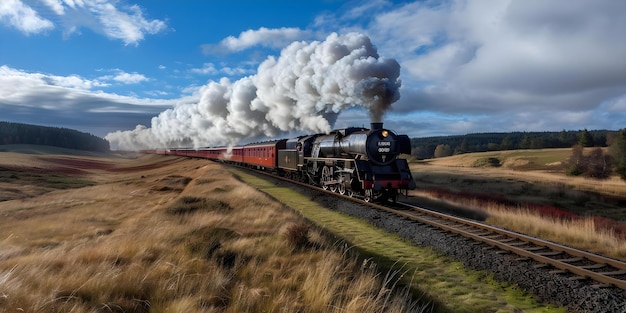 Photo vintage steam train travels through beautiful countryside on winding railway track concept travel steam trains vintage countryside railway track