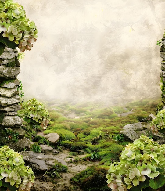 Vintage Stone Wall Green Moss and Flowers Background