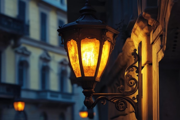 Vintage street lantern illuminates Italian street at night