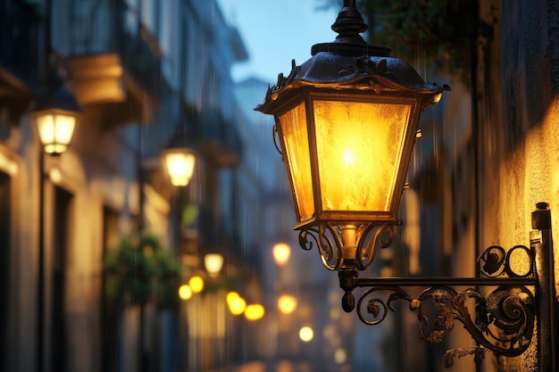 Vintage street lantern illuminates Italian street at night