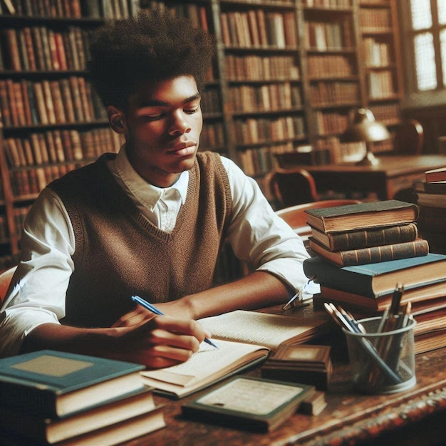 Vintage Student Studying in Library