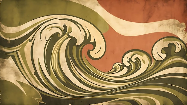 Photo vintage style abstract wave background with a mix of olive green terracotta and cream