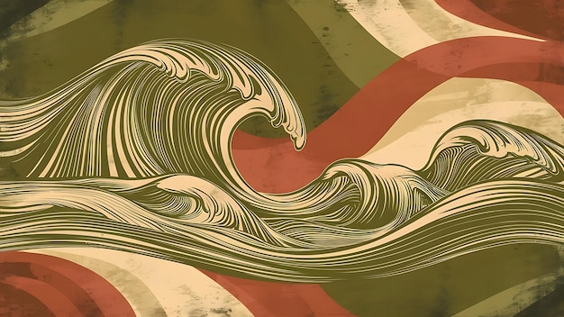 Photo vintage style abstract wave background with a mix of olive green terracotta and cream