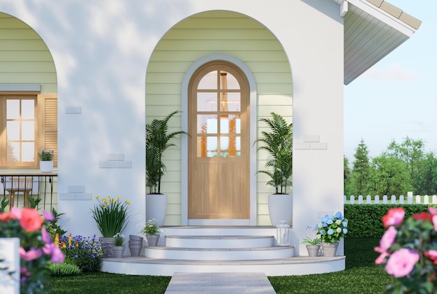 Vintage style arched entrance Surrounded by flower garden 3d render