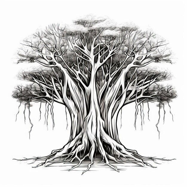 Photo vintage style banyan tree with wide cracked trunk simple line drawing