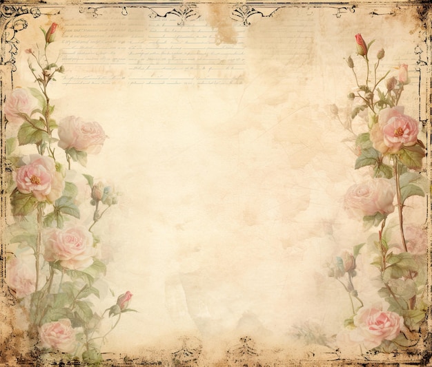 vintage style blank journal paper page with shabby pale pink roses and rose buds on vines