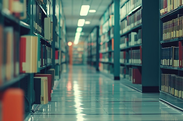 Vintage style blur school library with book shelves for education background