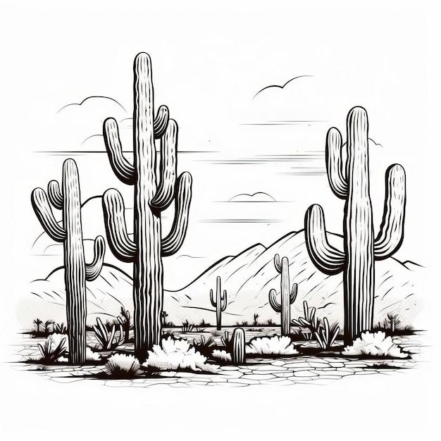 Photo vintage style cacti with wide cracked trunk simple line drawing