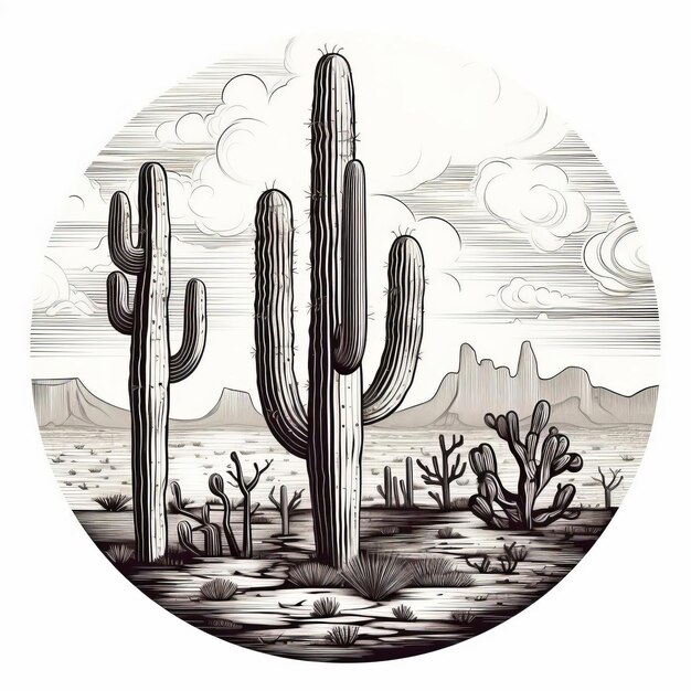 Photo vintage style cactus with wide cracked trunk simple line drawing