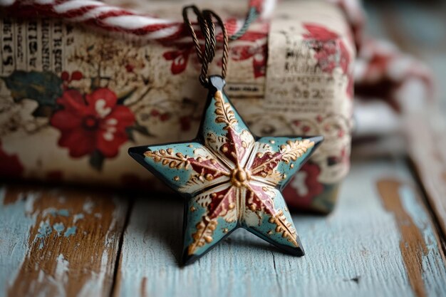 Photo vintage style christmas star ornament placed next to a wrapped gift box