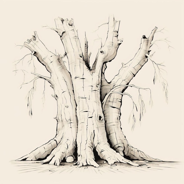 Photo vintage style eucalyptus tree with wide cracked trunk line drawing