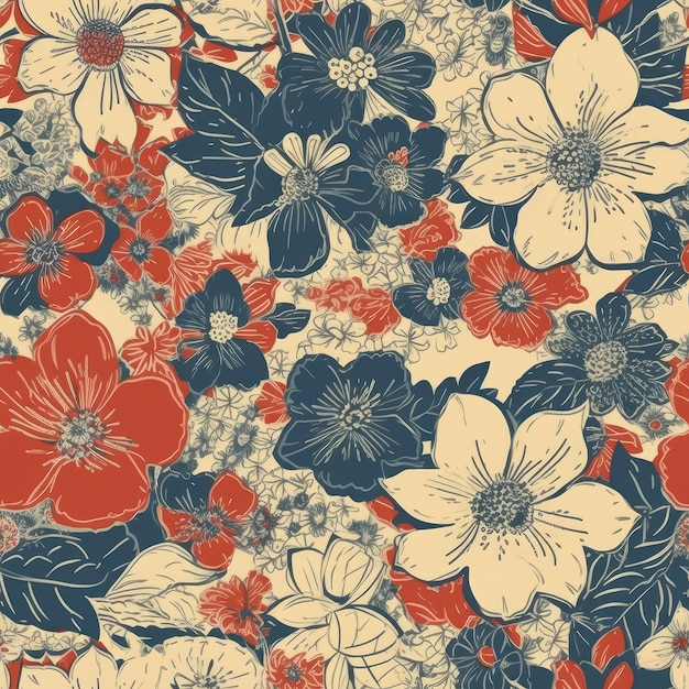 Vintage style Fourth of July seamless floral pattern