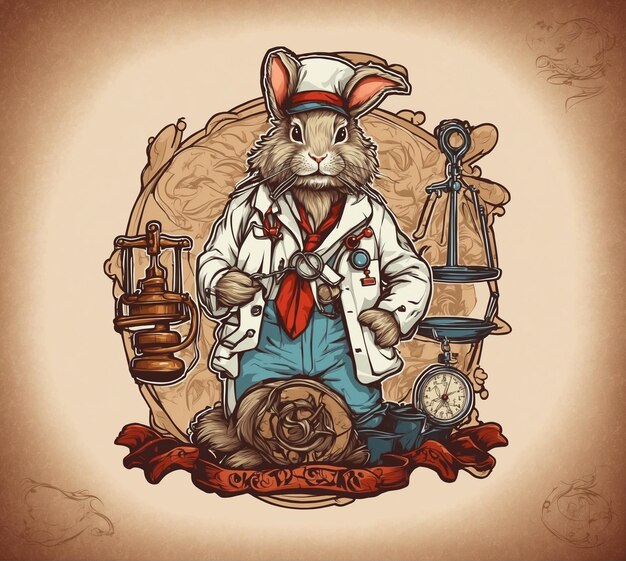 Vintage style hand drawn illustration of a hare in a lab coat and hat