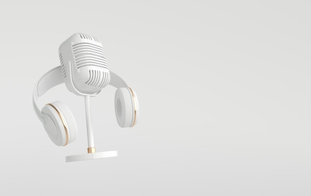 Vintage style headphones and microphone White color and golden details Retro earphones and mic